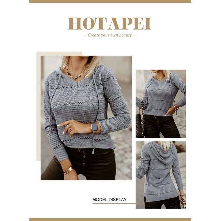 HOTAPEI Hooded Sweaters for Women Long Sleeve Drawstring Hoodie Crochet Hollow Out Sweater Solid Color Hoodies Lightweight Hooded Sweater Walmart