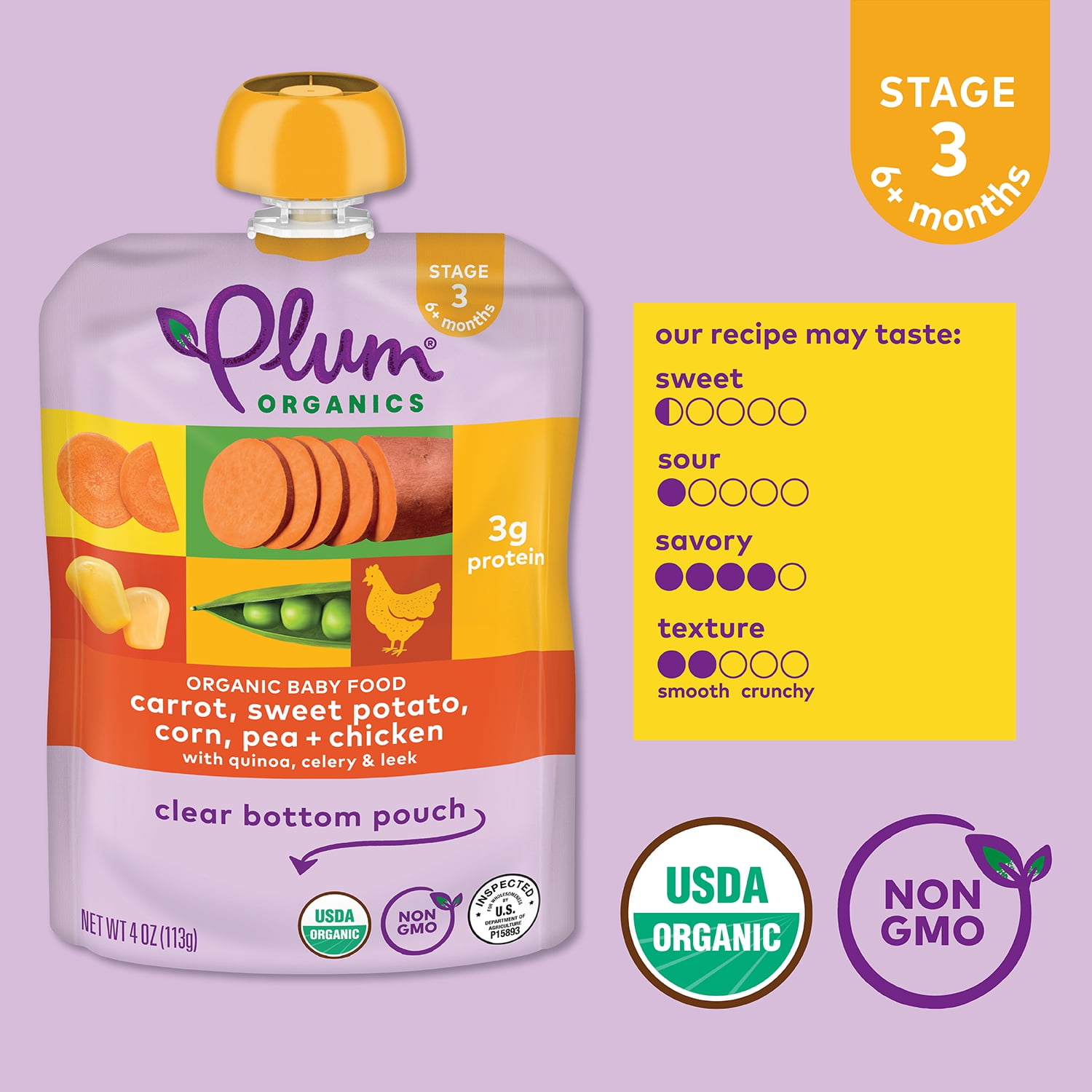 Plum Organics Stage 3 Organic Baby Food Pouch: Carrot, Sweet Potato, Corn, Pea, Chicken - 4 oz, 6 Pack