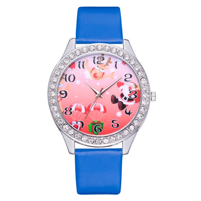 Lindo patrón navideño Pantalla analógica informal Correa de PU Reloj de cuarzo para mujer Regalo (Azul)