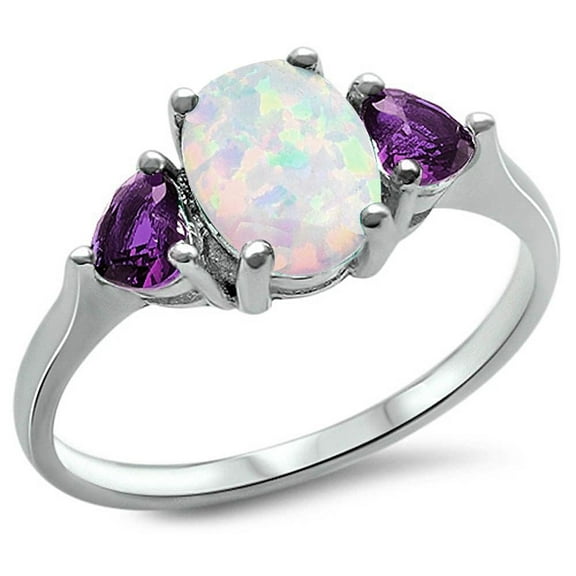 Sterling Silver White Synthetic Opal & Purple CZ Heart Ring Size 3
