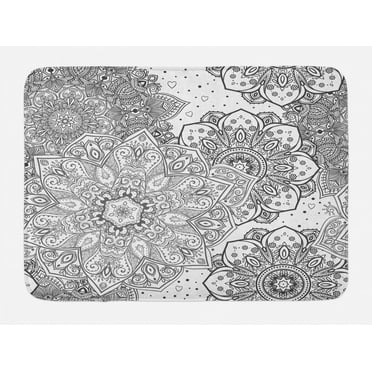 Mandala Bath Mat, Eastern Ethnic Lace Floral Pattern Arabesque Moroccan Effects Folkloric Design, Non-Slip Plush Mat Bathroom Kitchen Laundry Room Decor, 29.5 X 17.5 Inches, Grey White, Ambesonne