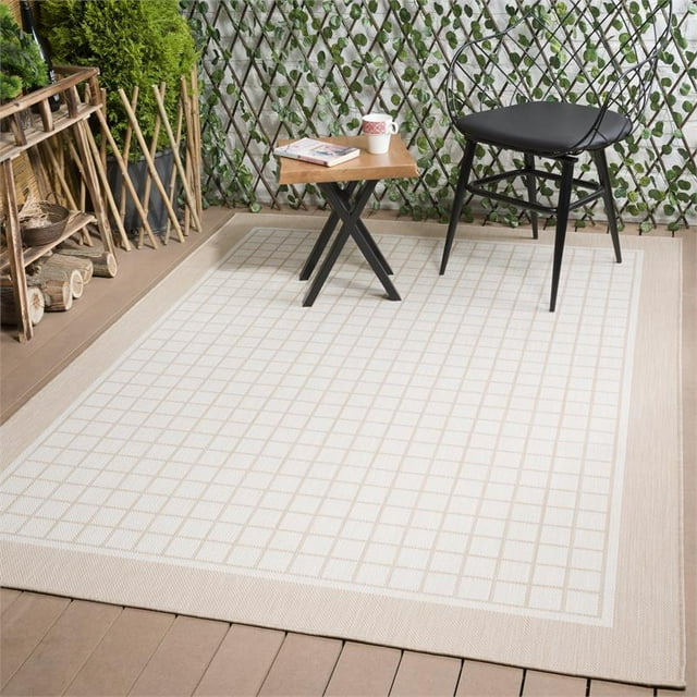 Indoor/Outdoor Bordered Squares Area Rug 5x7 - Beige / White - WKK20301