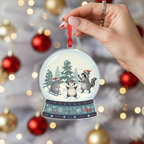 ViciArt Woodland Animal Snow Globe Christmas Ornament, 3mm Acrylic or Wood, Holiday Tree Decoration with Mouse, Raccoon & Bear