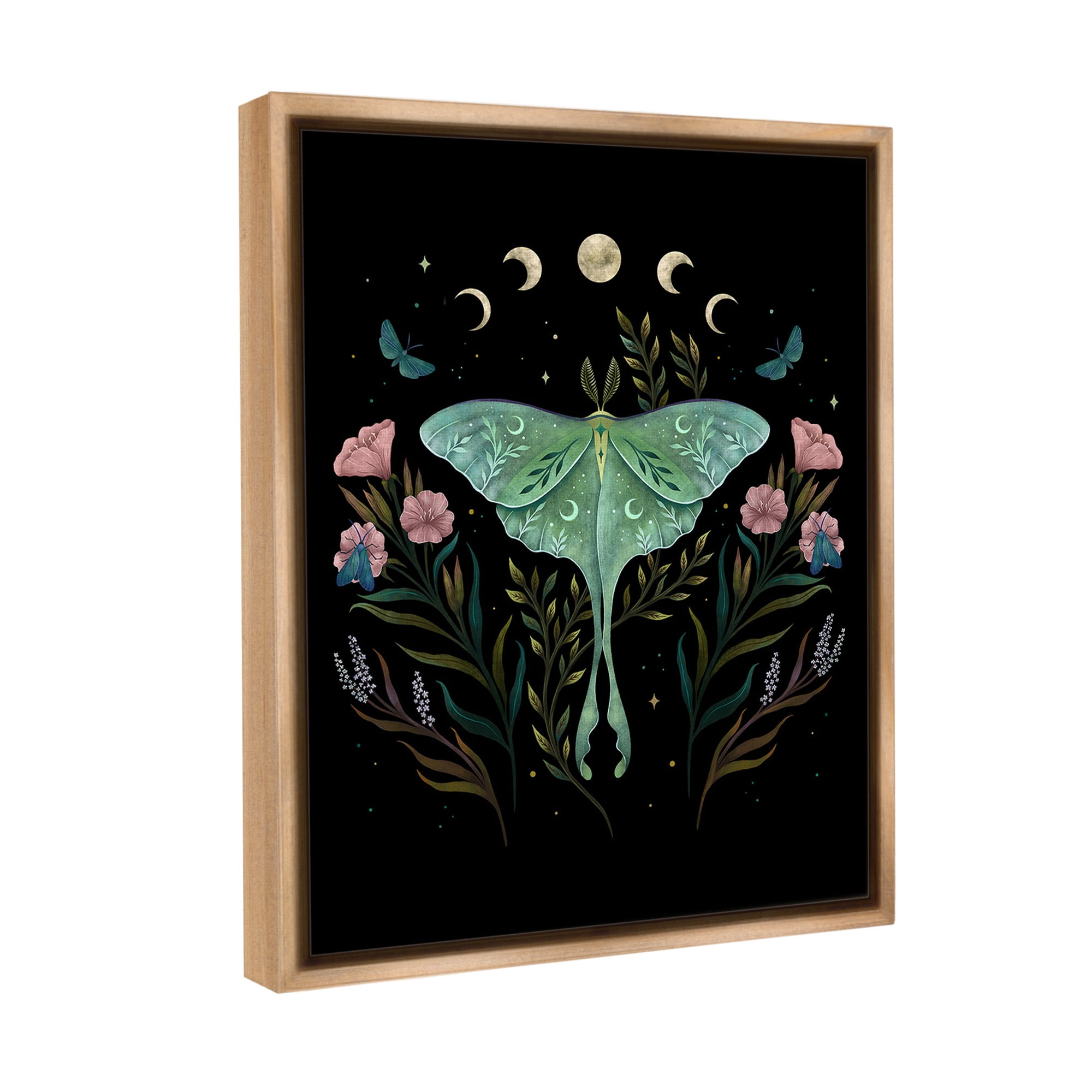 Stupell Industries Luna Moth with Florals Animals & Insects Painting Brown Floater Framed Canvas Art Print Wall Art, 17 x 21