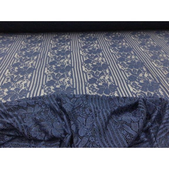 Embroidered Stretch Lace Apparel Fabric Sheer Floral Stripe Prussian Blue XX411