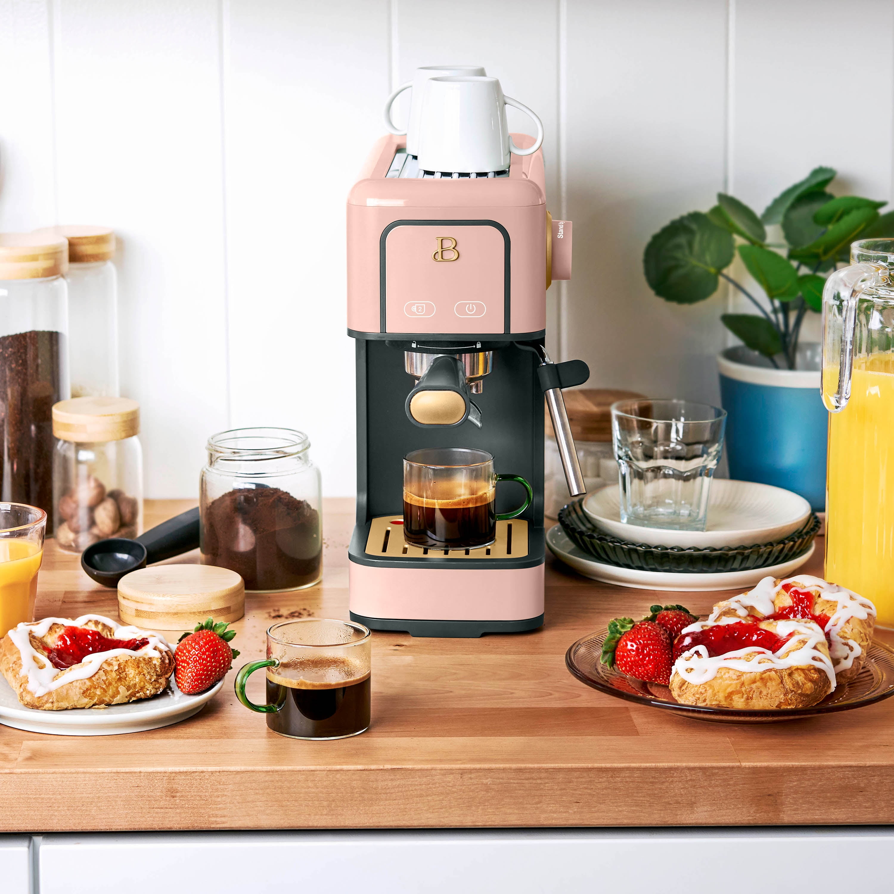 Beautiful Slim Espresso Maker with 20-Bar Pressure, Rose by Drew Barrymore