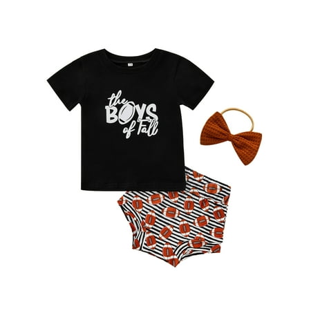 

Nokpsedcb Toddler Baby Boys Girls 3Pcs Outfits Short Sleeve Letter T-Shirts + Rugby Print Stripe Shorts + Headband Black 18-24 Months