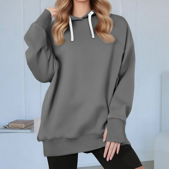 Guieoi Sweatshirts for Women Plus Size under $10.00 Women's Thumb Button Sweatshirt Hoodie 2025 Fall Winter Clothing Long Sleeve Hoodie Sweatshirt Gray Black*Friday/Cyber*Monday