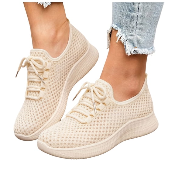 Women's Mesh Quick Drying Water Shoes Breathable Lace Up Athletic Shoes Lightweight Non Slip Sneakers Beige Size 6
