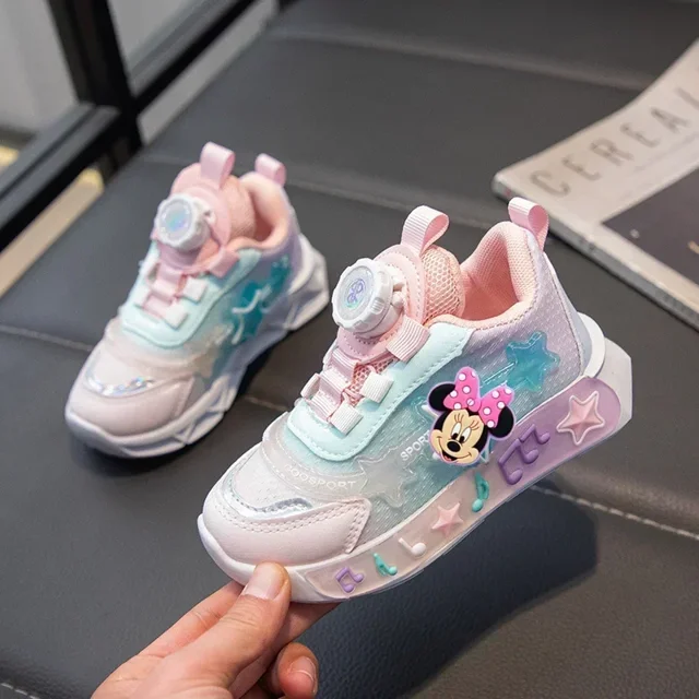 Frozen Girls Sneakers Elsa Spring & Fall New Kids Breathable Mesh Lighted Casual Shoes Disney Princess Soft Sole Swivel Button
