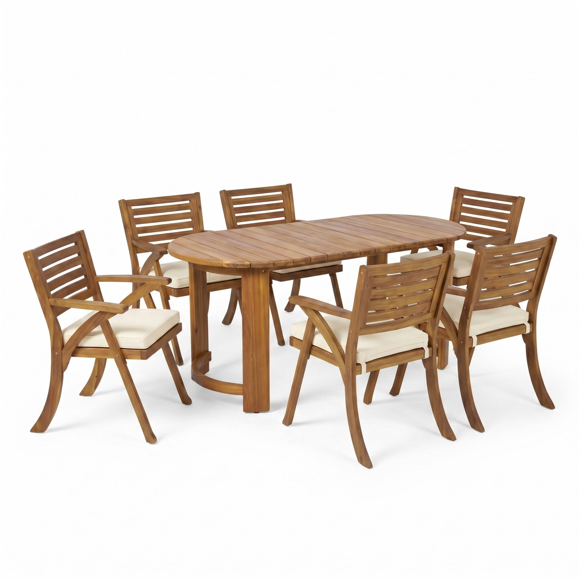 Christopher Knight Home 7-Piece Farmhouse Acacia Wood Patio Dining Set with Cushions, Teak+Cream