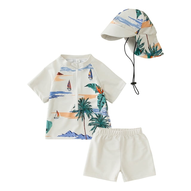 NIEWTR Boys Rash Guard Swimsuits Set for Boys 2 Piece Short Sleeve Bathing Suits Swim Shirts Zipper Front with Hat(Beige,3-4 Years)