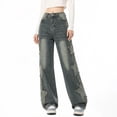 thumbnail image 2 of Womens Fashion High Waisted Jeans Star Patch Straight Leg Loose Drapey Floor Length Denim Casual Long Trousers Baggy Jeans for Women Trendy, 2 of 3