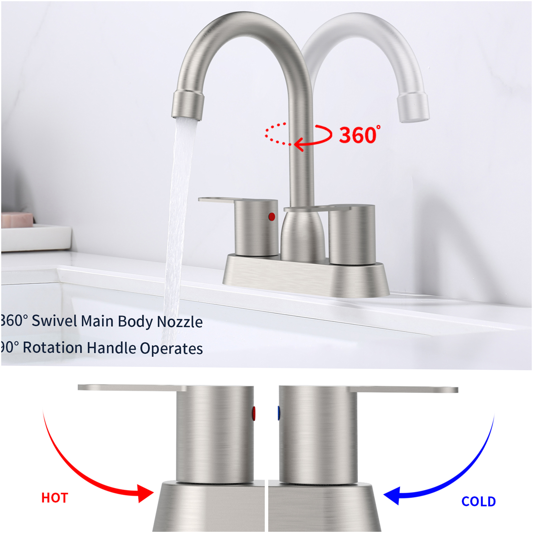 JERFIT Brushed Nickel Bathroom Sink Faucet, Centerset 2-Handle Modern Vanity Faucet for 3-Hole Sink, RV Compatible