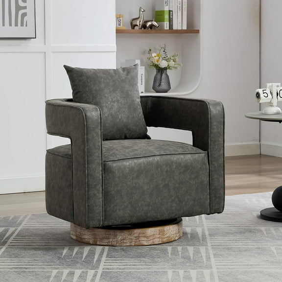 Swivel Barrel Accent Chair,29.1" W Modern Round PU Arm Chair with Weathered Base, Upholstered Comfy 362 Degree Swivel Single Circle Club Chair for Nursery Bedroom Living Room Hotel Office Gray