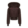 thumbnail image 3 of Women's Short Belted Puffer Jacket, Faux Fur Trim Hooded Quilted Coat, Waist Cinching Winter Jacket, Warm Winter Coat, Casual Short Puffer, Belted Winter Jacket, Cozy Faux Fur Hood Brown S, 3 of 10
