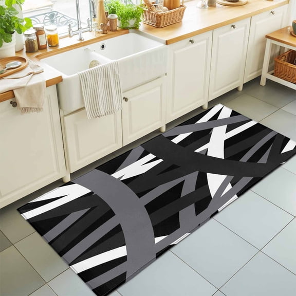 Hallway Runner Rug 2'x6', Gray Black Geometric Kitchen Runner Rugs Non-Slip Carpet Mats, Modern Art Abstract Grey Line Bedside Rugs Runners Washable Floor Carpet for Bathroom Laundry Room