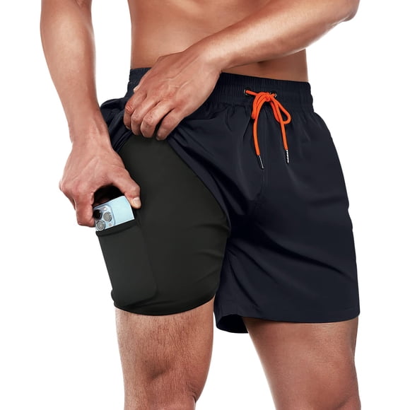 BRISIRA Bañador para hombre, pantalones cortos de natación de secado rápido, entrepierna de 5 pulgadas, pantalones cortos de playa con forro de compresión y bolsillo con cremallera, color azul marino