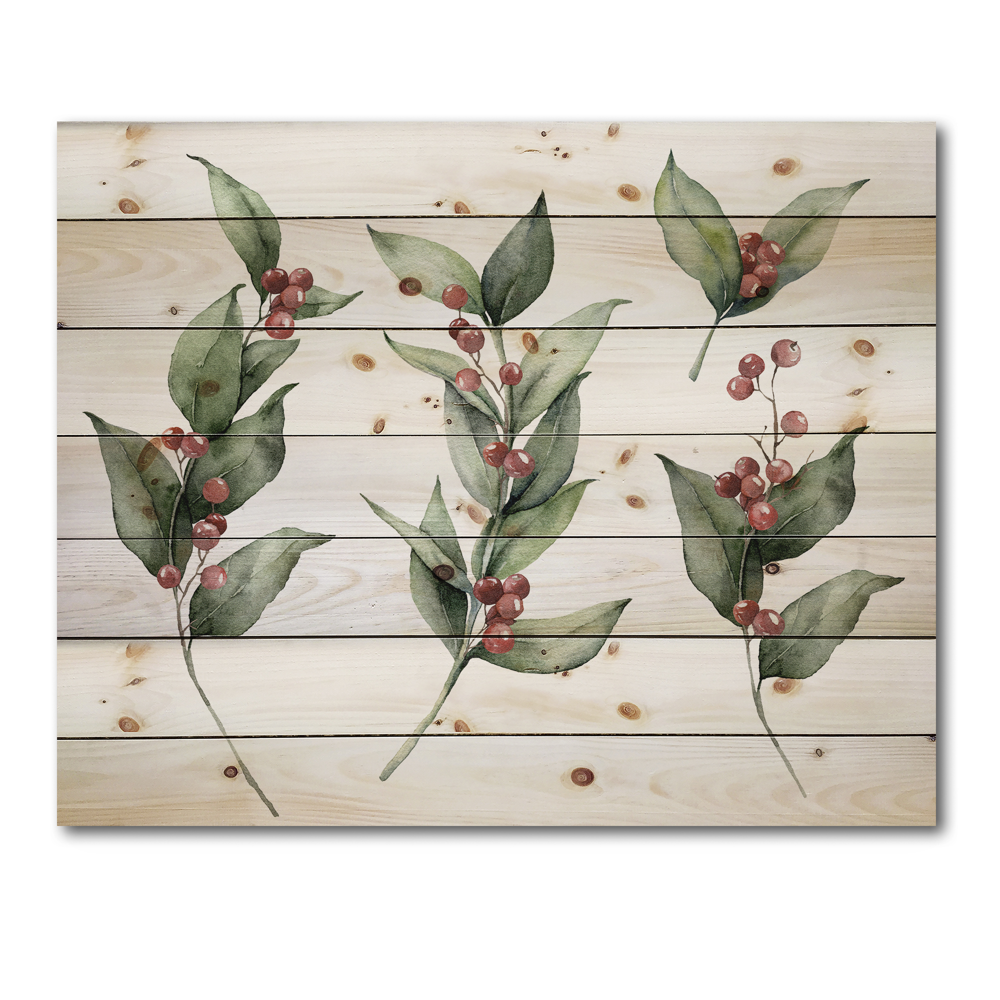 Designart 'Christmas Set Red Berrie With Branches' Traditional Print on Natural Pine Wood