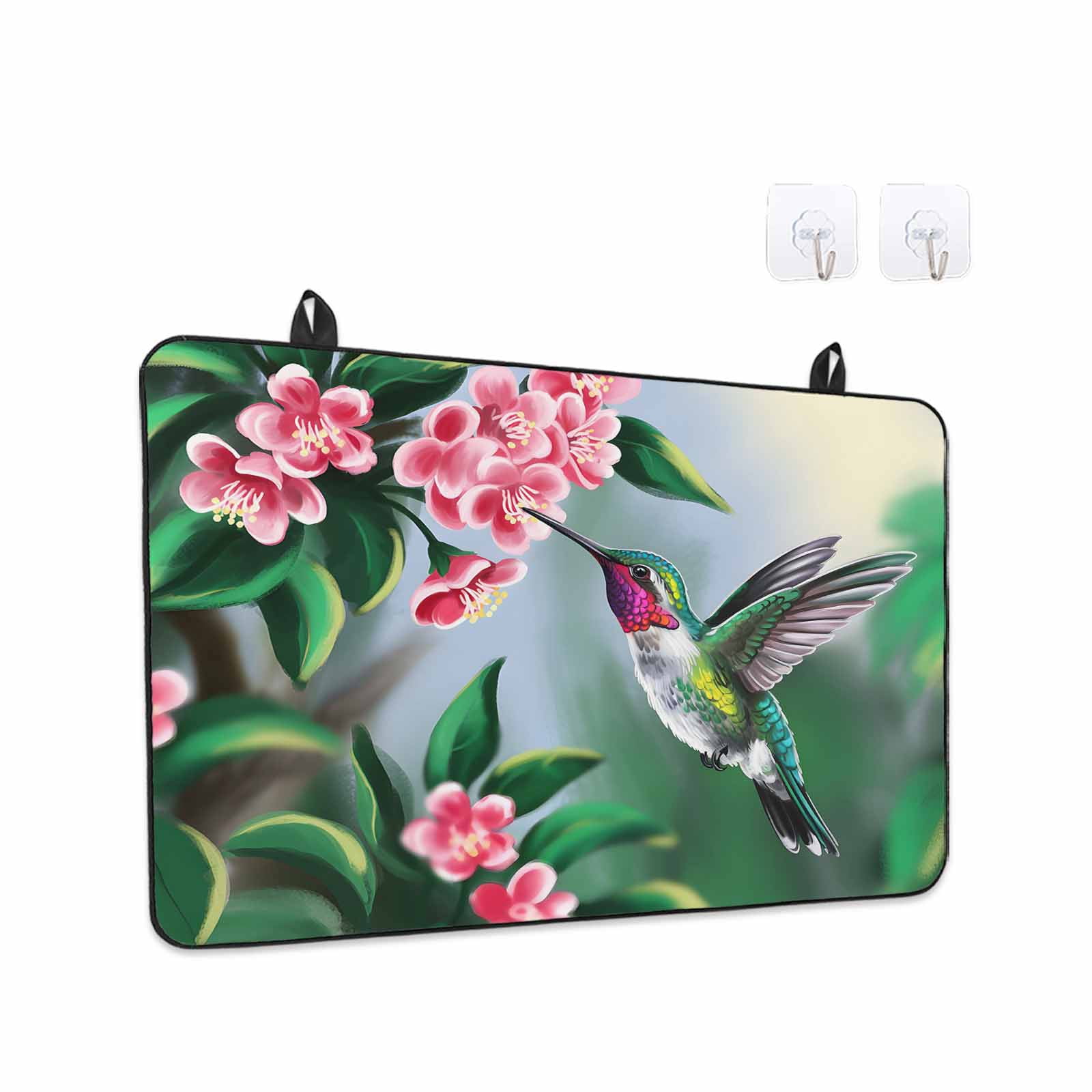 Green Hummingbird Stove Top Cover for Electric Stove, Heat-proof & Non Slip Glass Top Stove Cover Protector, Spring Summer Pink Flower Leaf Kitchen Flat Cooktop Rubber Mat 24x21 Inches