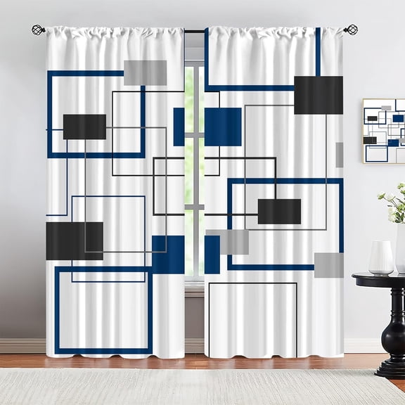 Abstract Mid Century Geometric Blackout Curtains, Modern White Backdrop Soundproof Curtains, Blue Black Grey Square Energy Saving Long Curtains for Living Room Bedroom Indoor Outdoor-W42xL54in