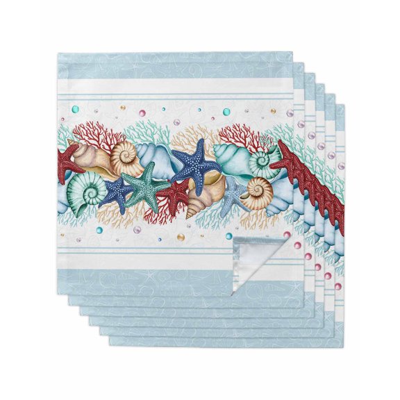 Sky Blue Ocean Starfish Cloth Napkins Set of 6 Reusable Dinner Napkins, Summer Coastal Coral Conch Cocktail Napkin Washable Table Napkins for Wedding/Holiday Party/Baby Shower 20"x20"