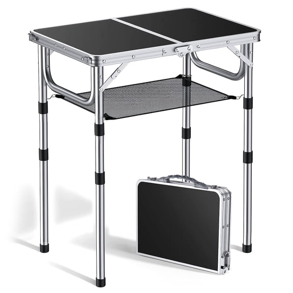 LANDLIT Folding Camping Table, 24" x 16" Adjustable Height Small Folding Table with Storage Net & Carrying Handle | Lightweight Aluminum Portable Picnic Table | Camping Table for Travel Outdoor Black