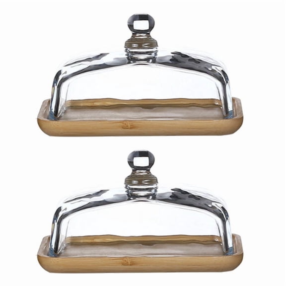 2X Bamboo Butter Dish with Glass Lid - Clear Tray for Refrigerator&Counter