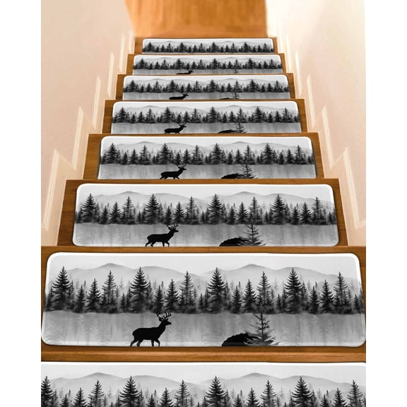 Stair Treads for Wooden Steps, Deer Forest Peel and Stick Stair Treads with Adhesive, Retro Country Trees Mountain Nature Scenery Non Slip Indoor Stairs Runner Rugs Mats for Elders Dogs 8"x30"10PCS