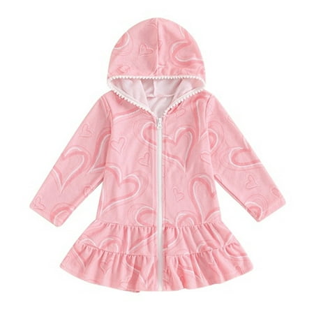 Odeerbi Kids Girls Swimsuit Cover Up Hooded Bikini Coverups Fashion Zipper Cover Up Dress Long Robe Long Sleeve Beach Skirt Kids Clothes Pink