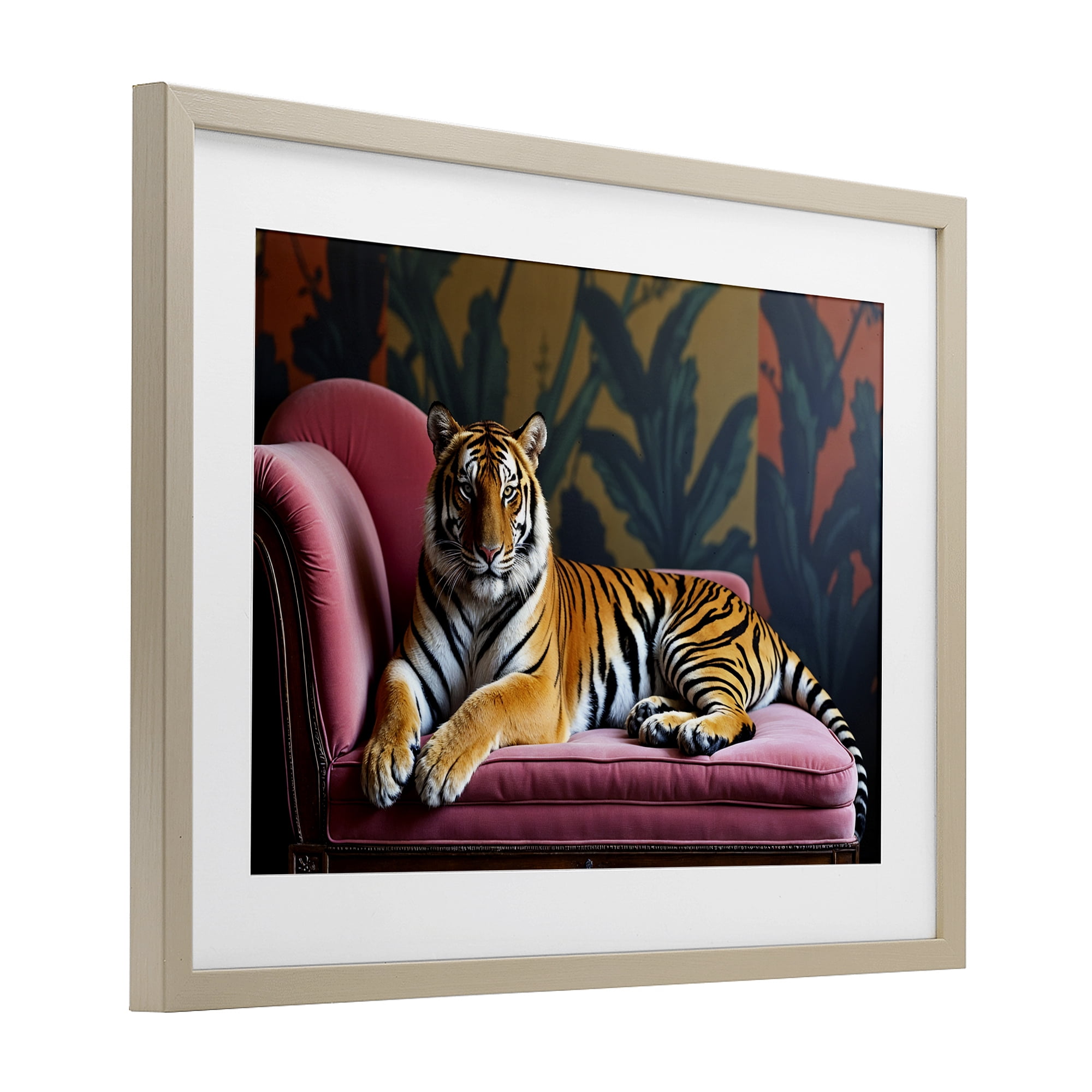 Exotic Tiger Lounging Birch Framed Print Under Glass, design by Lettered and Lined