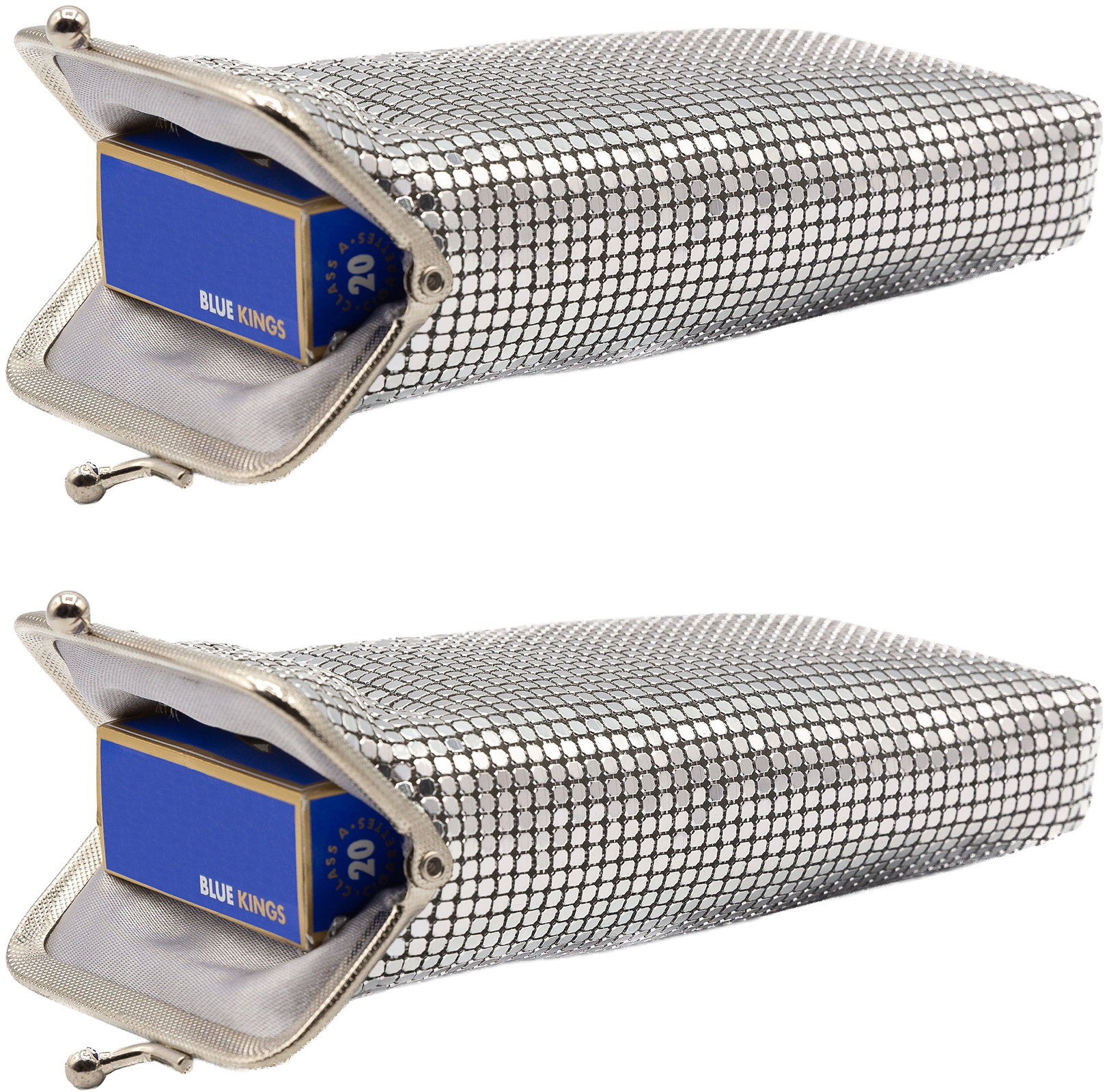 Set of 2 Vintage Soft Metallic Mesh Long Cigarette Case Purses With Lighter Pocket (4mm, Silver)