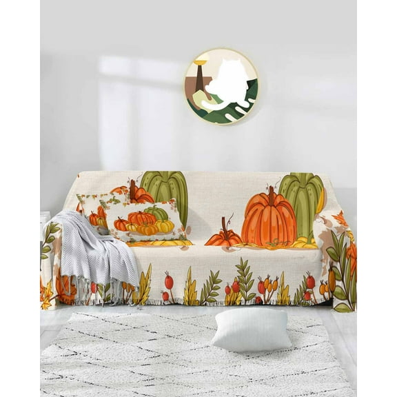 Orange Green Gold Pumpkin Sofa Covers for 3 Cushion Couch,Washable Sectional & L Shape Couch Covers for Dog/Cat/Kid,Fall Thanksgiving Leaves Non Slip Sofa Slipcover Tassel Futon Cover 71''x150''