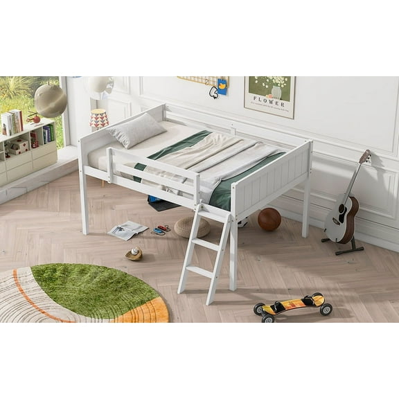 MAYEERTY Full Size Wood Low Loft Bed with Ladder, ladder can be placed on the left or right, White