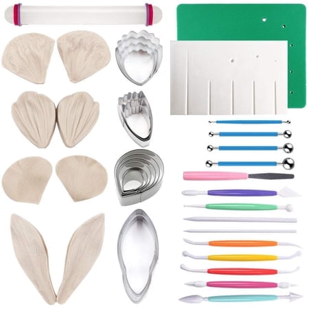Kit d'Outils pour Pâte de Gomme Fleurs et Feuilles Fondant-4set Coupe-Fleurs en Pâte de Gomme 4Set Moules en Silicone pour Fleurs Fondant 1 Planche à Veinures 1 Tapis en Mousse 7 Outils de Modélisation 4 Outils à Boule 1 Rouleau