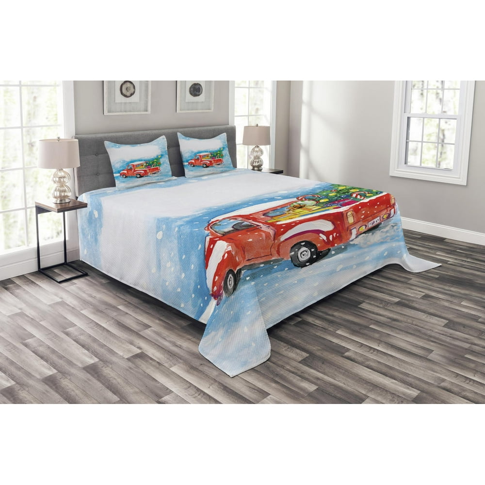 Christmas Bedspread Set, Vintage Red Truck in Snowy Winter Scene with