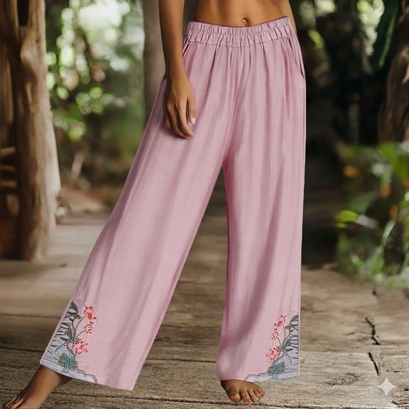 Endives Womens Wide Leg Pant Casual Daily Embroidery Flower Ptinted Cotton Linen Pant Retro Plus Size Pants Pink