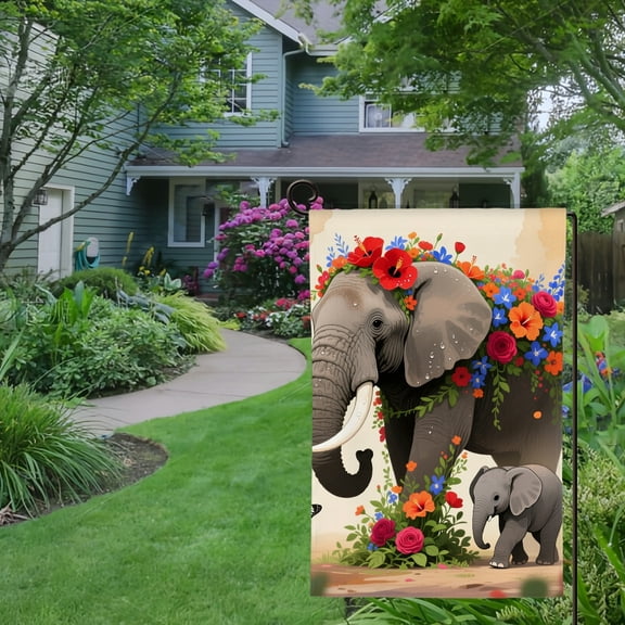 Spring Summer Garden Flag Double Sided Vintage Flower Elephant Mom and Baby Welcome Yard House Outside Outdoor Decoration,12*18 inch