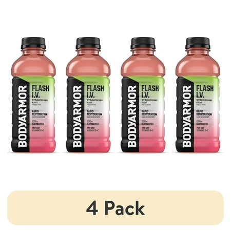 (4 pack) BODYARMOR Flash I.V. Strawberry Kiwi Electrolyte Sports Drink Bottle, 20 fl oz