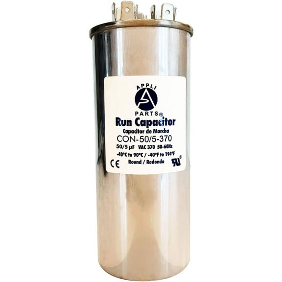 Appli Parts Dual Run Capacitor for ac 50 5 Mfd uF (microfarads) 370VAC CBB65 Round Universal fit for hvac and other applications 2 in Wide 5-1/4 in Height CON-50/5-370-R