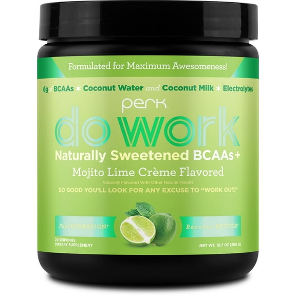Perk Do Work Naturally Sweetened BCAAs  Mojito Lime Creme Flavored (20 Servings) - Gluten-Free, Soy-Free, Peanut-Free, with Coconut Water, Coconut Milk, and Electrolytes