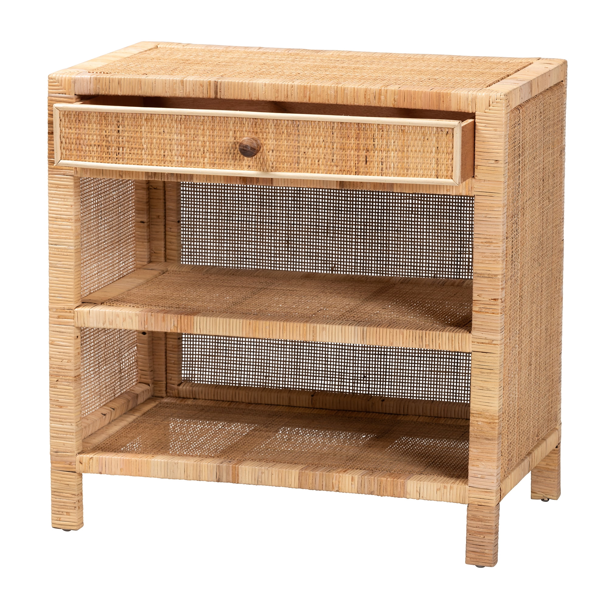 bali & pari Bella Modern Bohemian Brown Mahogany Wood and Rattan 1-Drawer Console Table