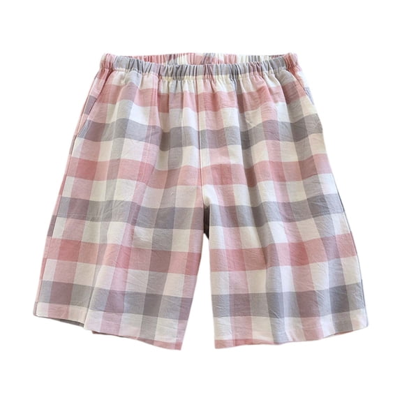 Women's Shorts Elastic Waist Washed Checkered With Side Pockets Home Gym Shorts