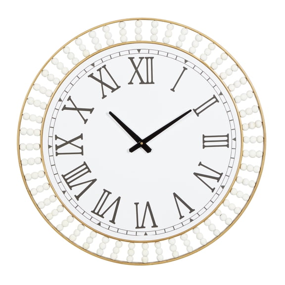 DecMode 24" White Wood Beaded Wall Clock with Gold Metal Frame and Black Accents