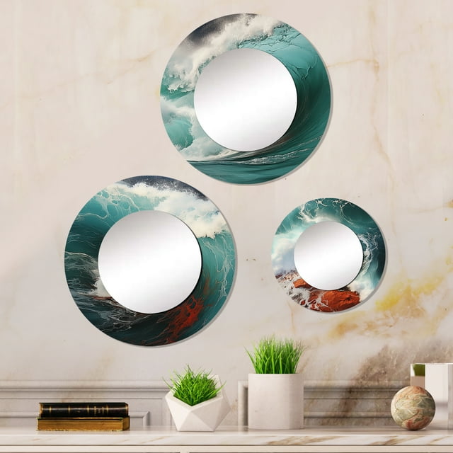 Designart « Vermillon et Vagues Viridiennes Vibrantes Marvel » Ensemble de Miroirs Ronds de Plage, Lot de 3 - Ensemble de Miroirs Muraux Ronds Rouges Style Côtier pour Salle de Bain