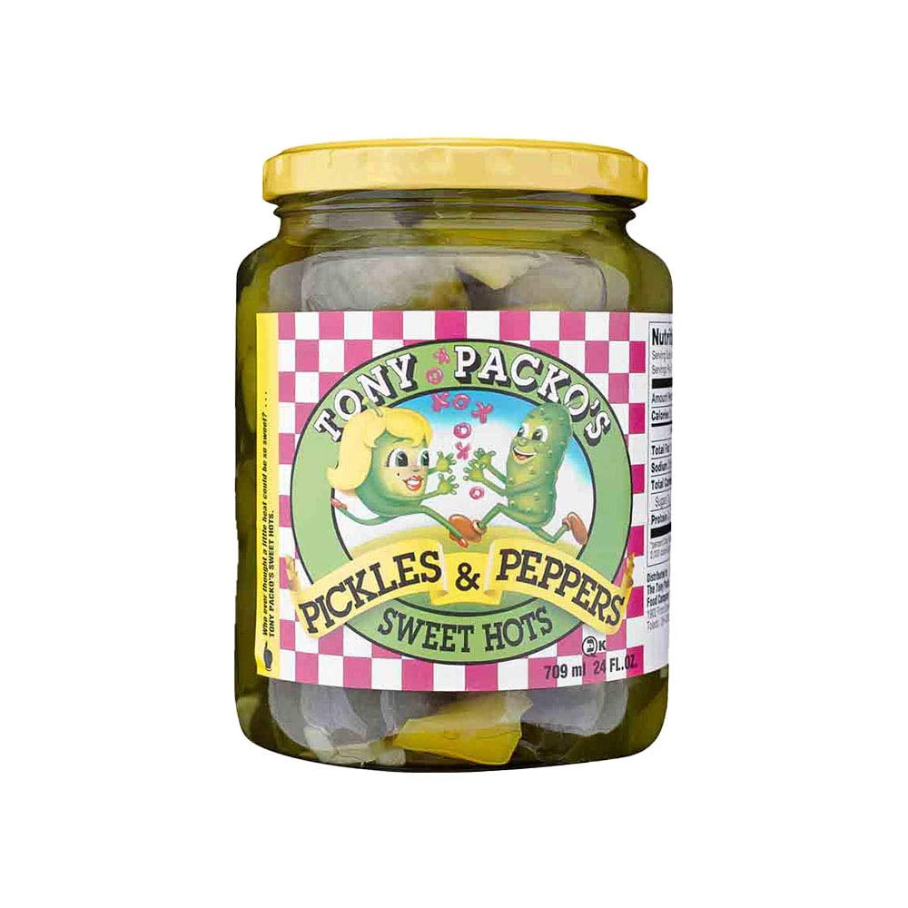 (4 pack) Tony Packo Sweet Hot Pickles and Peppers, 24 Ounce Glass Jar, Kosher Certified, Serving Size 2 Chunks