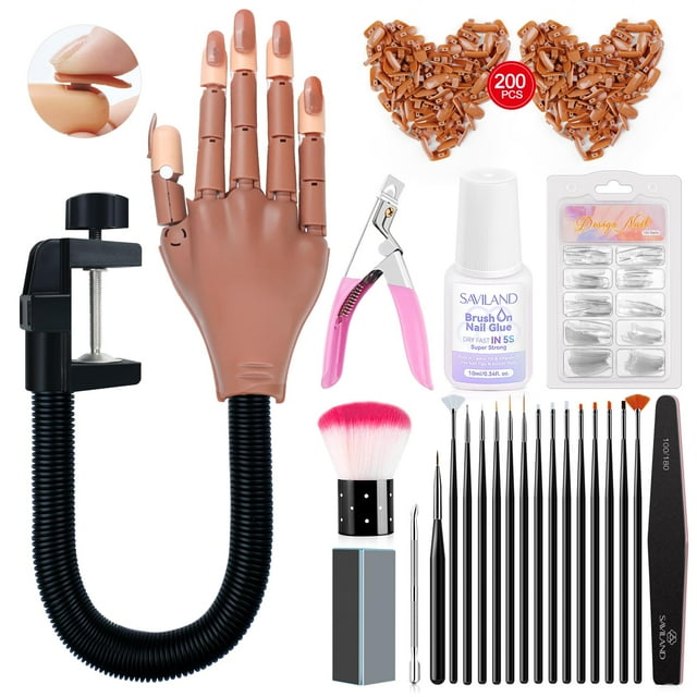 SAVILAND Nail Practice Hand for Acrylic Nails, Flexible Moveable Fake Manicure Trainng Hand Nail Kit for Beginners with Nail Tips, Nail Clipper, Nail Art Brushes, Nail Files, Hom