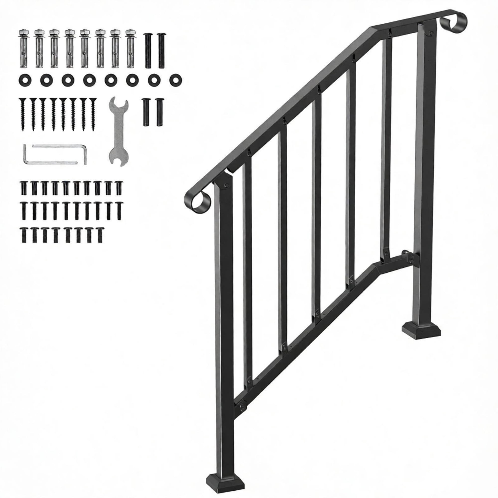 2-3 Step Outdoor Stair Handrail Kit, Black Retro Arch Carbon Steel Railing with Installation Kit