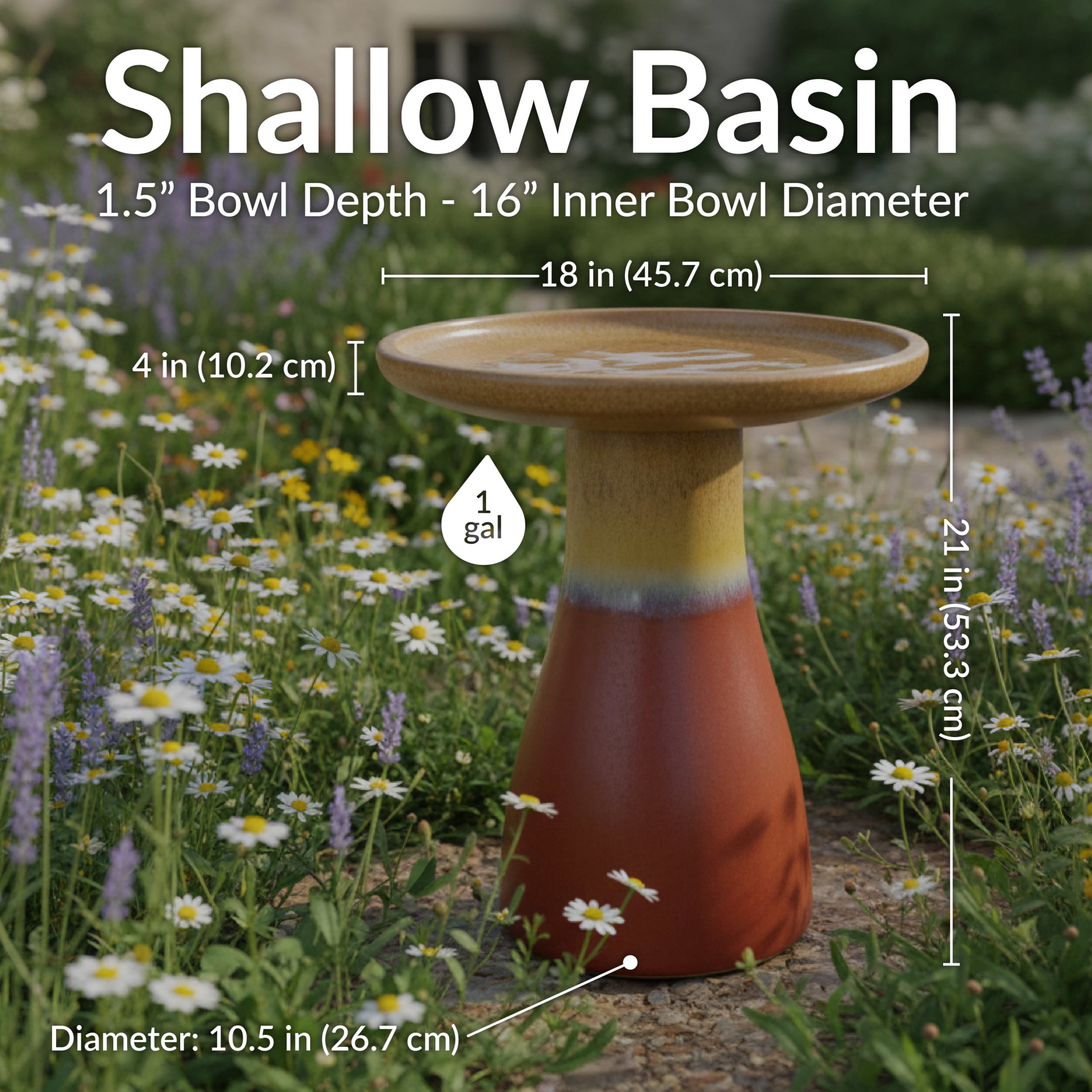 Sunnydaze Duo-Tone Freestanding Ceramic Outdoor Bird Bath, UV-Resistant Lemon Cognac Finish