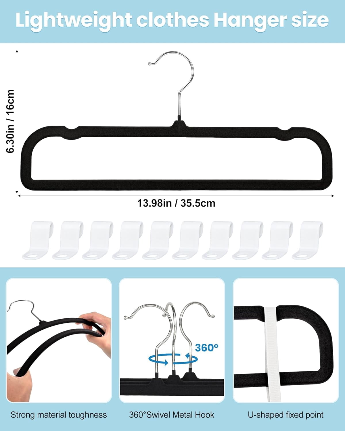 Velvet Pants Hangers with Non-Slip Bar, 20 Pack Felt Trouser Hangers with 360 °   Swivel Hook for Dresses, Shorts, Jeans, and Slacks, Black